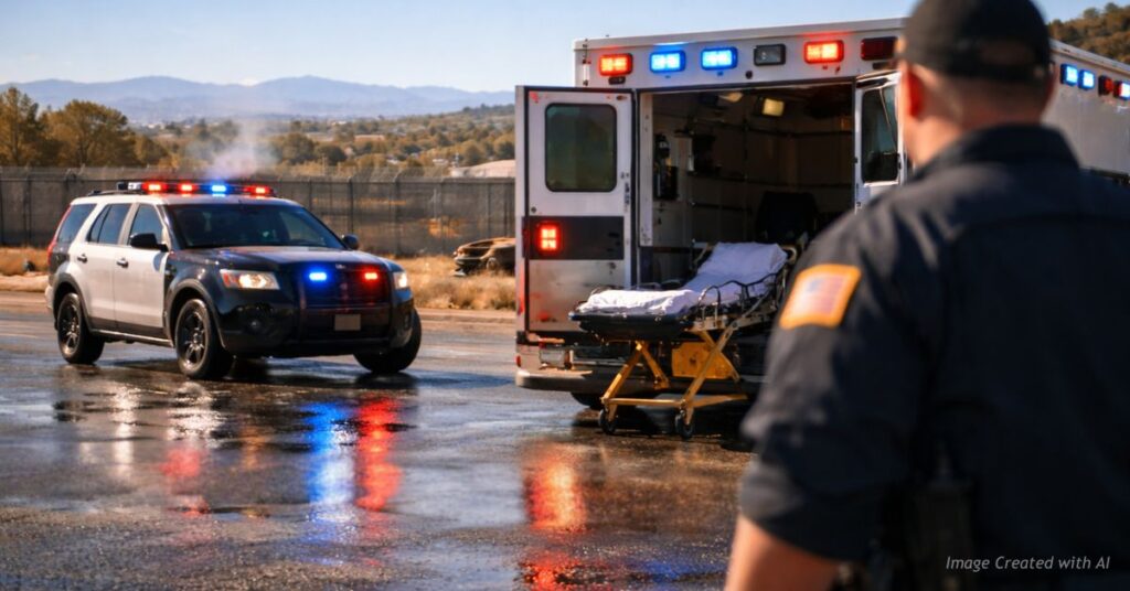 Emergency vehicles staged outside Pueblo facility after bomb squad explosion incident.