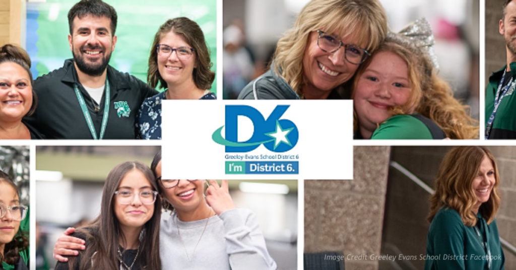 Greeley Evans School District logo and staff and students.