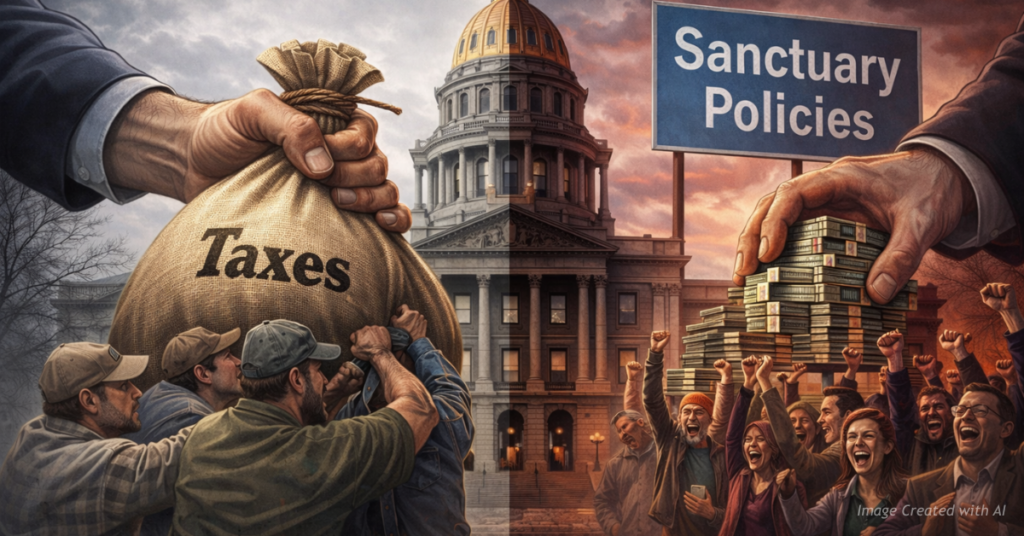 One side of the image depicts the taking of taxes from the people. The other side depicts the governmental hand giving money to sanctuary policies.