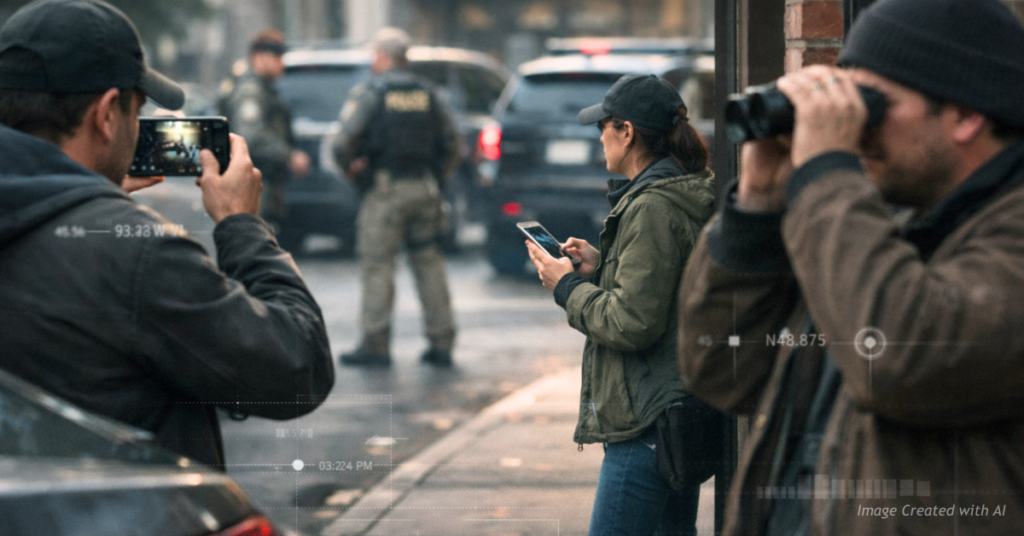 Civilians discreetly observe and record federal agents using coordinated surveillance tactics.
