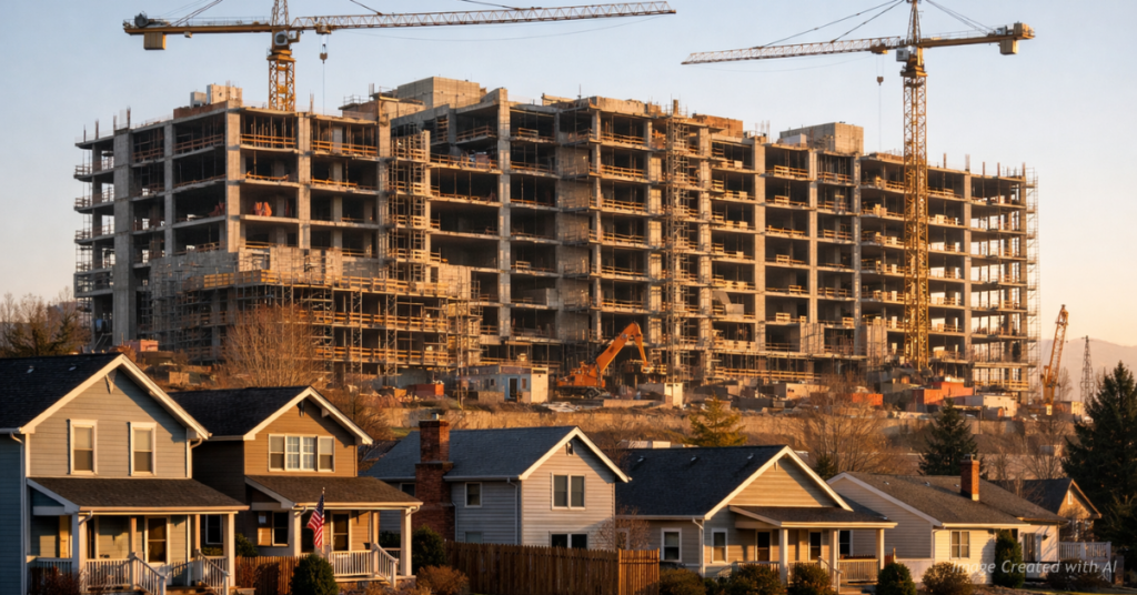 High-rise construction near suburban homes