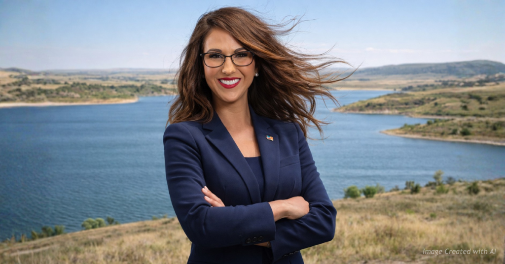 Rep. Lauren Boebert stands at Plum Creek Reservoir highlighting federal funding for rural Colorado water projects.
