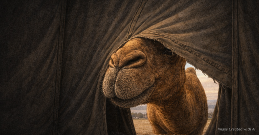 Camel’s nose pushing into a tent from outside, symbolizing incremental government intrusion