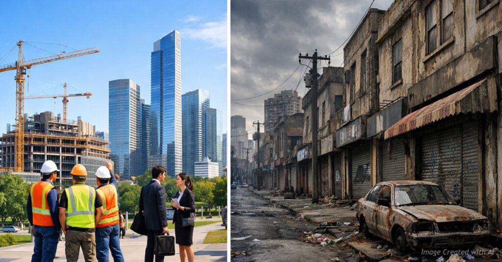 Split image showing prosperity under capitalism and decline under socialism