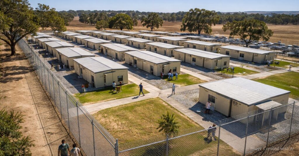 Aerial view of fenced quarantine facility with modular housing units and masked individuals during Covid era