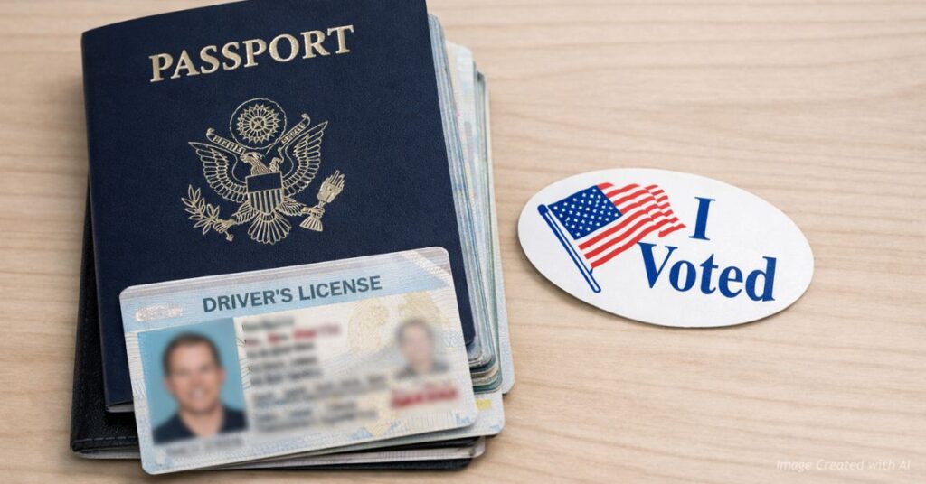 Passport and driver’s license beside I Voted sticker symbolizing voter ID