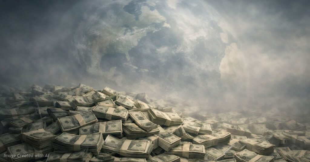 Pile of cash fading into globe symbolizing trillions spent on climate policy