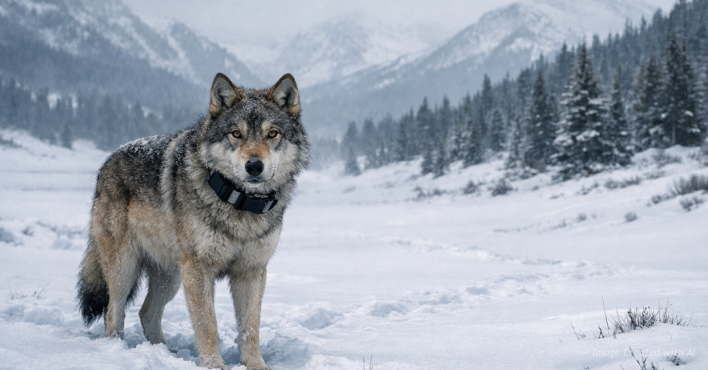 “Collared gray wolf standing alone in snowy Colorado mountains during winter”