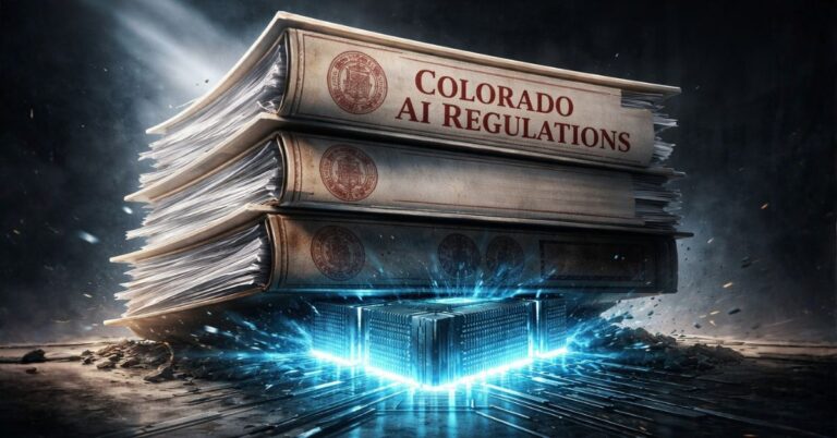 Stack of Colorado AI regulations crushing a glowing artificial intelligence core