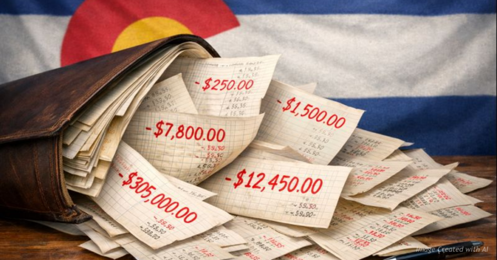 Overturned ledger represents Colorado budget mistakes and overpayments