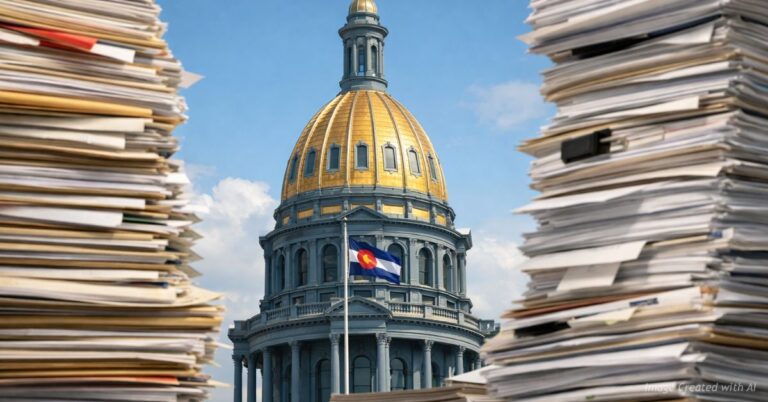 Colorado Capitol dome partially hidden behind stacks of bills