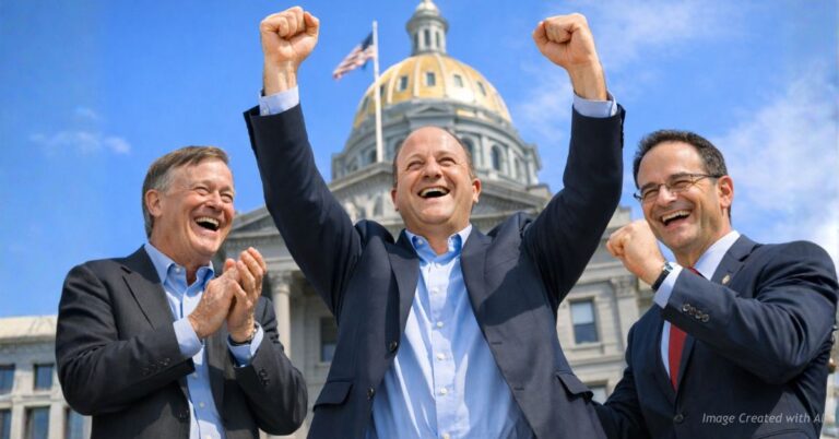 Polis, Hickenlooper and Weiser celebrate outside Colorado Capitol after Supreme Court tariff ruling