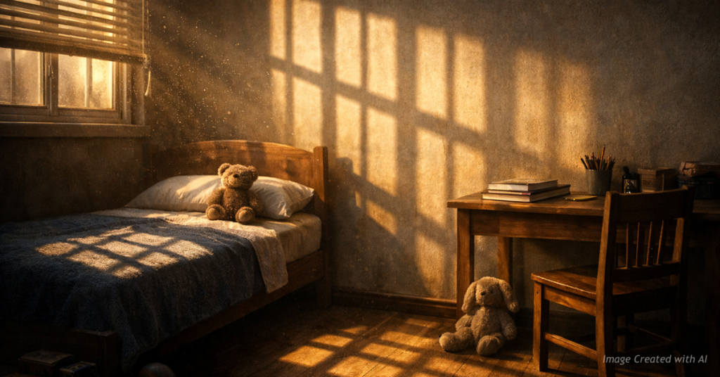 Empty child’s bedroom with sunlight forming prison bar shadows symbolizing lost innocence and justice debate