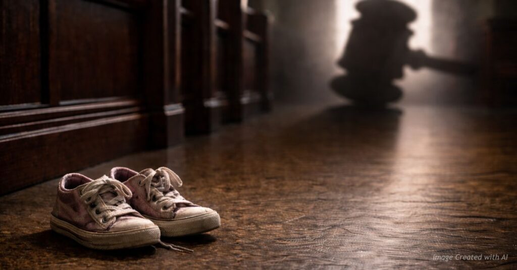 Child’s shoes on courtroom floor with blurred gavel in background