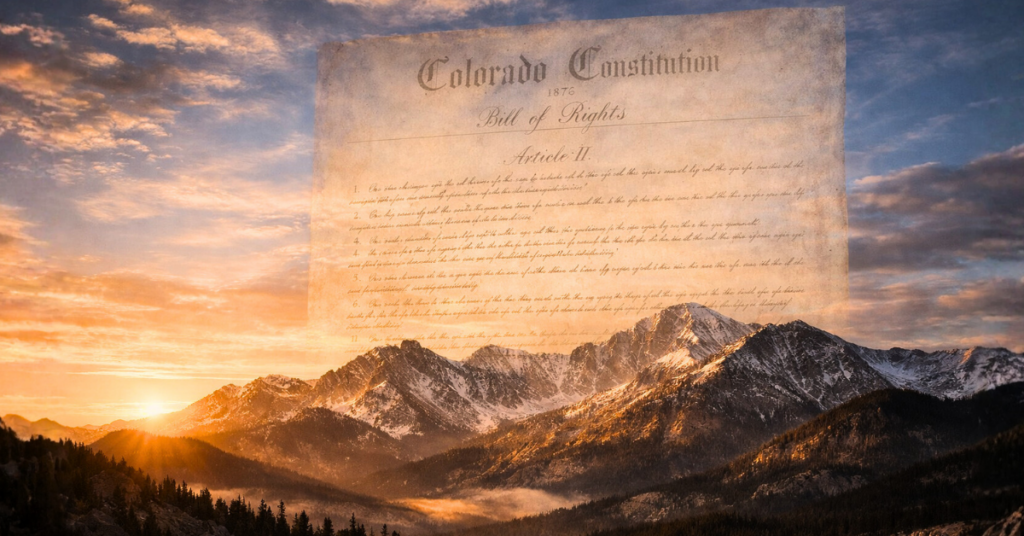 Translucent Colorado Constitution rising behind the Rocky Mountains, symbolizing liberty and protection of individual rights.