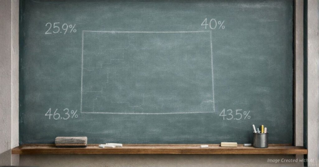 Chalkboard displaying Colorado cost of living and deportation percentage statistics