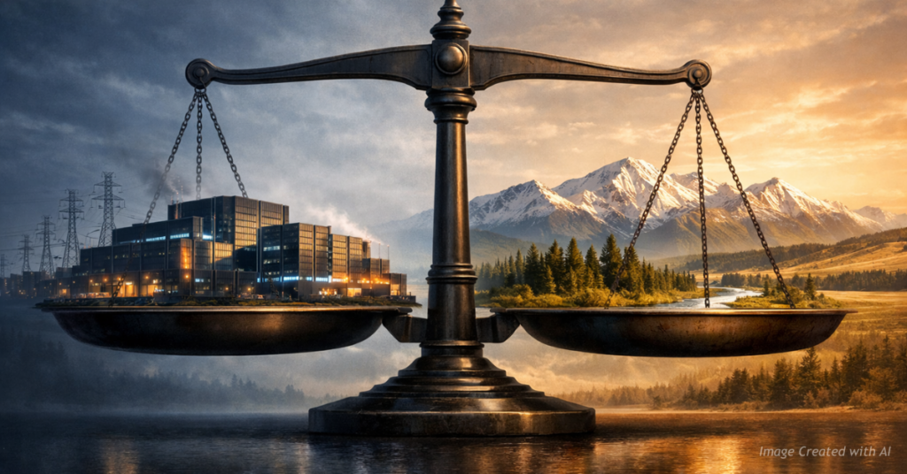 Illustration of a data center balanced against Colorado’s natural landscape, symbolizing climate and economic policy tradeoffs.