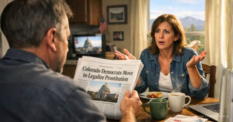 Colorado couple reacts at kitchen table to headline about Democrats moving to legalize prostitution.
