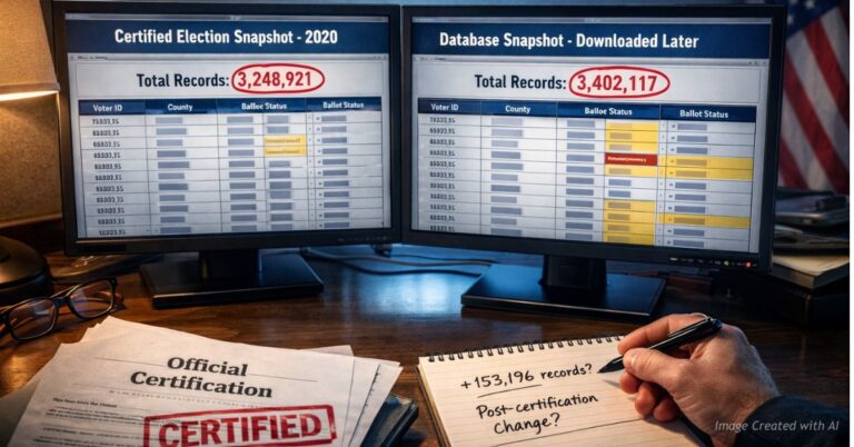 Forensic comparison of certified and later Colorado voter record snapshots showing differing totals.