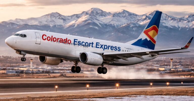 Airplane labeled Colorado Escort Express landing at DIA with Rocky Mountains behind it