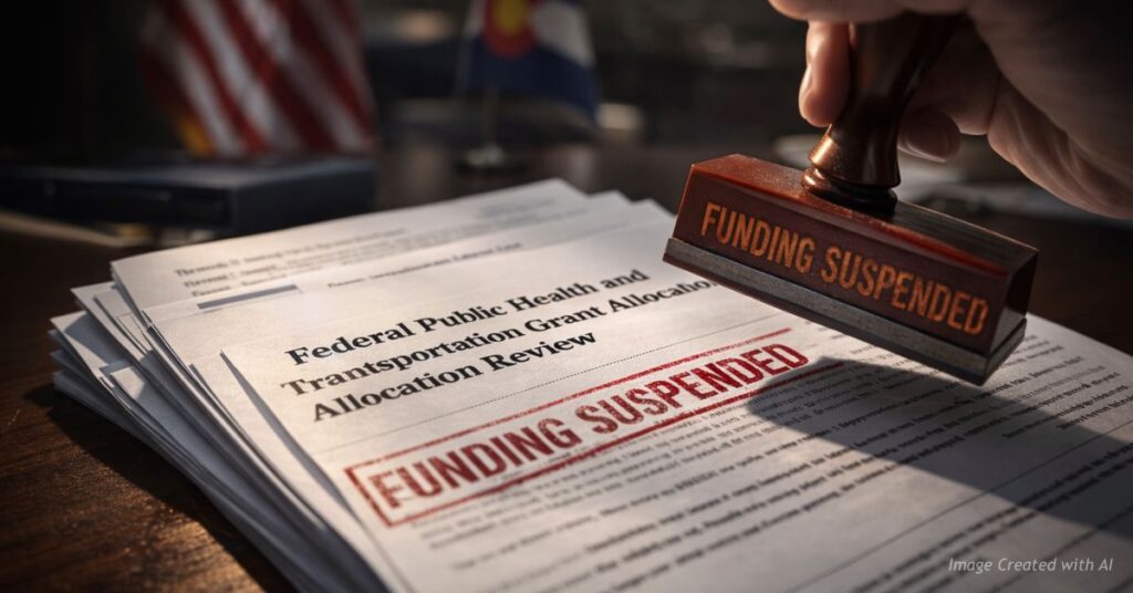 Federal grant document stamped Funding Suspended with U.S. and Colorado flags blurred behind.