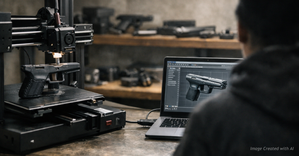 3-D printer connected to a laptop prints a handgun frame as an anonymous figure watches in a workshop.