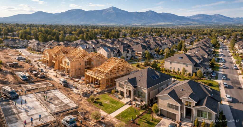 Aerial view of Colorado neighborhood showing homes from foundation to finished construction