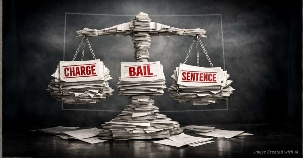 Justice scales made of paperwork labeled charge, bail, sentence, symbolizing discretion in Colorado crime outcomes