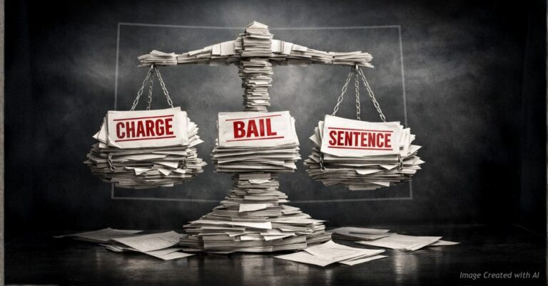 Justice scales made of paperwork labeled charge, bail, sentence, symbolizing discretion in Colorado crime outcomes