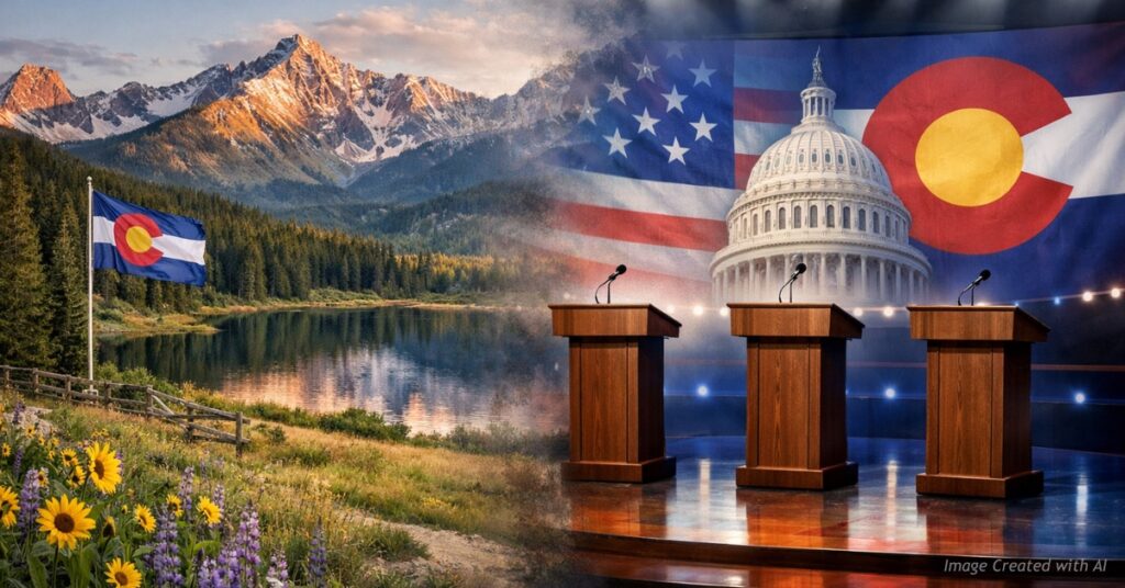 Colorado landscape blending into Republican candidate debate stage