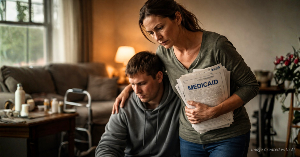 A Colorado family caregiver supports a disabled loved one while holding Medicaid paperwork at home.