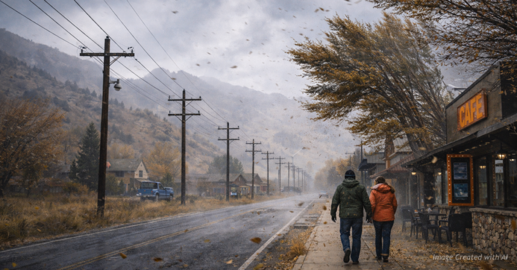 High winds whip through a small Colorado mountain town as residents walk past power lines and storefronts on a dry fall day.