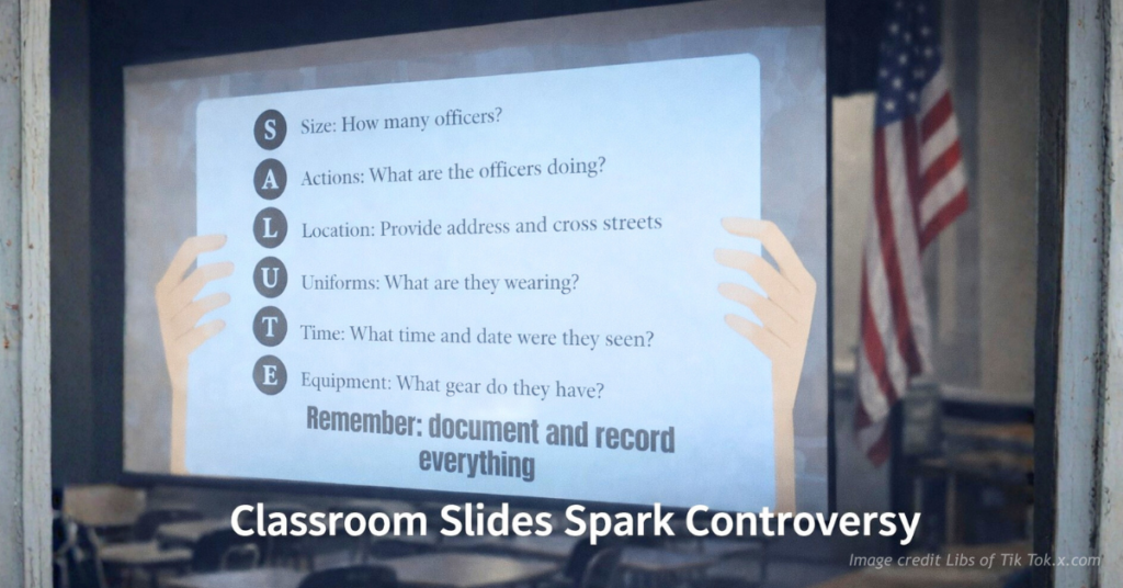 Classroom slide shows students being instructed to document ICE agents using the SALUTE method in a Colorado public school.