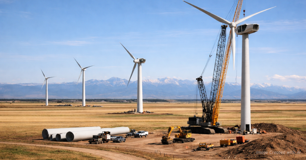 Wind turbines under construction on Colorado’s eastern plains with completed turbines and the Front Range mountains in the distance.