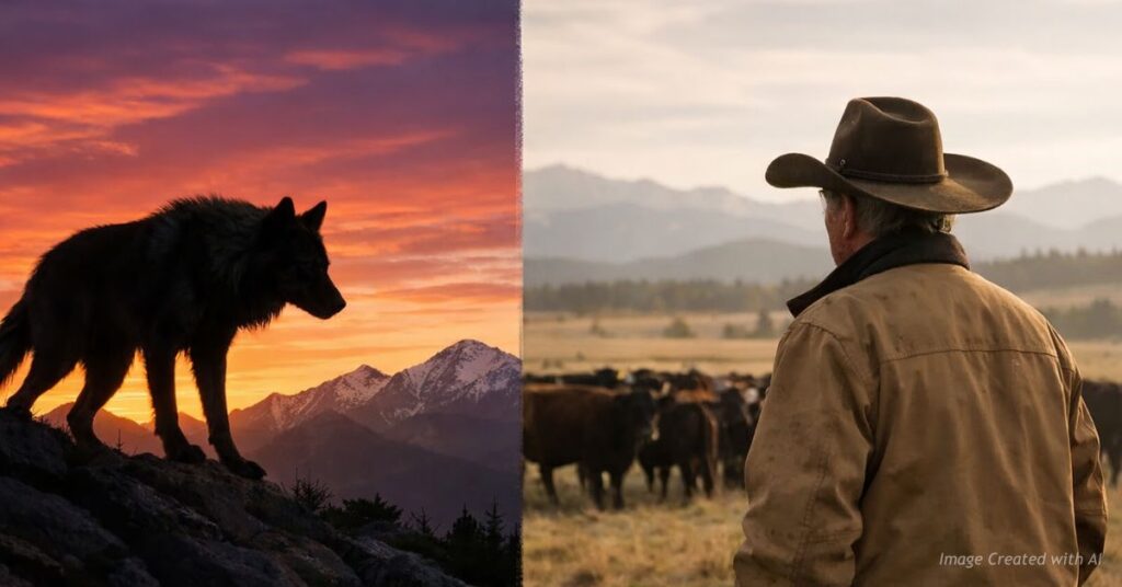 Split image of wolf on ridge and rancher with cattle symbolizing Colorado wolf debate