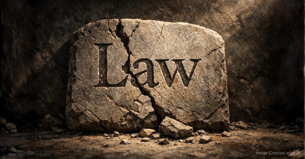 Cracked law tablet symbolizing erosion of respect for authority