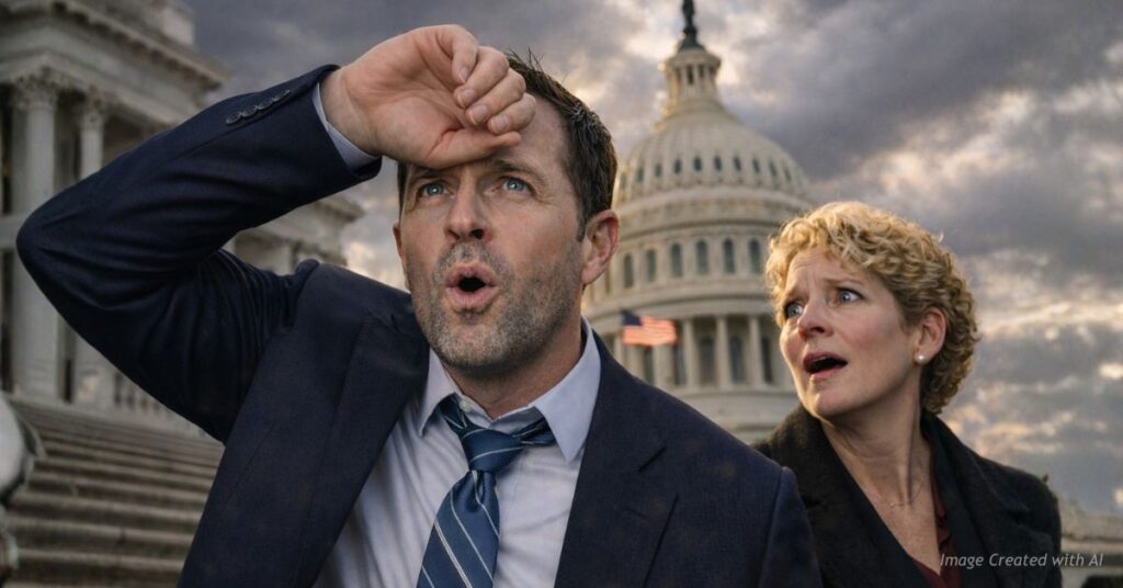 Jason Crow wipes his forehead in relief as Chrissy Houlahan reacts on Capitol steps after grand jury decision.