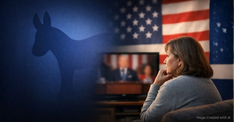 Donkey silhouette fades into American flag as woman watches State of the Union