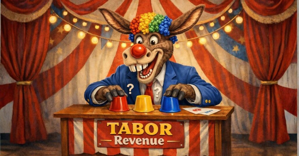 Clownish character playing a shell game.