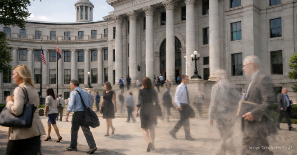 Professionals fade in stages outside Denver City Hall, symbolizing the loss of institutional experience from city layoffs