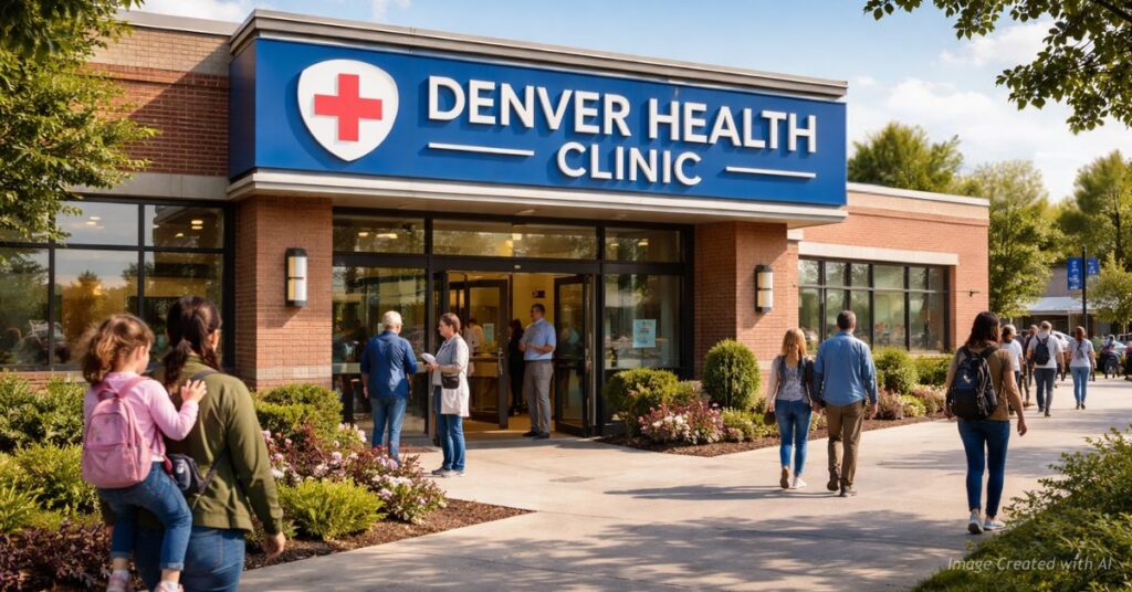 Exterior of Denver Health Clinic in suburban Denver with patients entering and exiting the building.