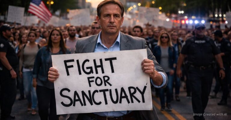 Denver Mayor Mike Johnston holds “Fight for Sanctuary” sign at downtown protest.