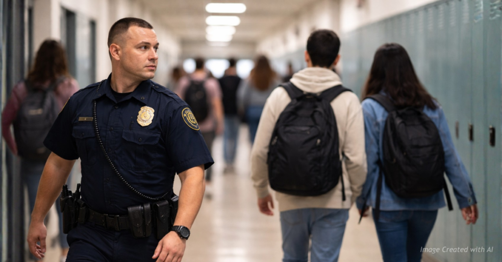 A school resource officer glances back at students talking in a busy high school hallway