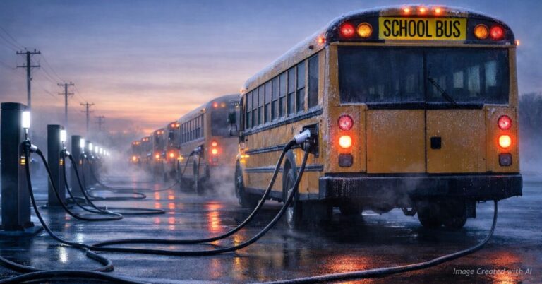Electric school buses lined up at dawn connected to charging stations
