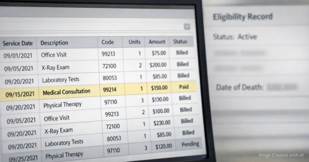 Billing spreadsheet with eligibility cross-check theme showing verification safeguards.
