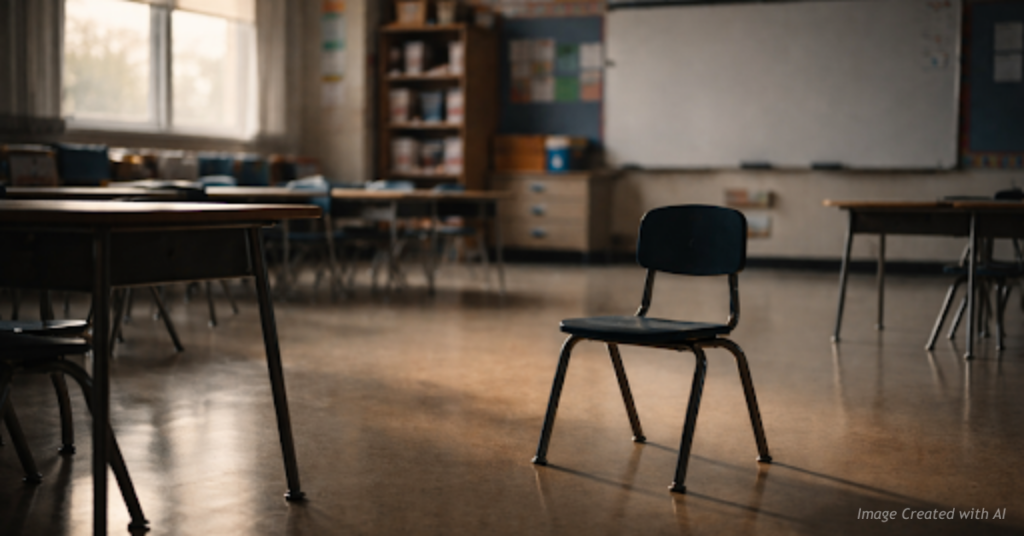 Empty classroom with a single chair symbolizing isolation and concerns over special education practices