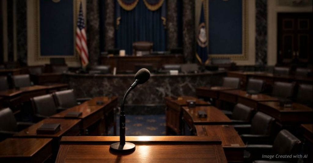 Empty Senate chamber highlighting stalled debate over voter ID