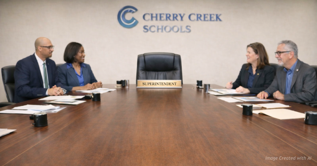 Empty superintendent chair labeled “Superintendent” as school board members meet following leadership resignation.