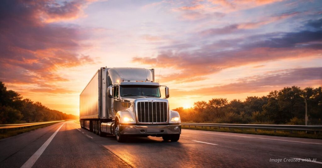 Semi-truck driving on interstate at sunrise with clear English highway signs overhead.