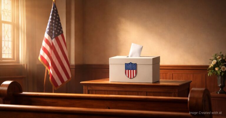 Church pew facing American flag and ballot box symbolizing faith and voting